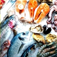 Meeresfrüchte: Krabben, Garnelen, Hummer, Muscheln: Austern, Muscheln, Muscheln, Tintenfisch und Tintenfisch: