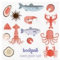Frutos do mar: caranguejos, camarões, lagostas, mexilhões: ostras, mexilhões, conchas, lulas e polvos: