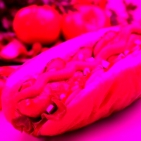 Hot Dog, ein Brötchen gefüllt mit Wurst, Senf, Gemüse, Saucen: