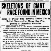 Artykuł w gazecie z 1925 r o znalezieniu szkieletu giganta w Meksyku.