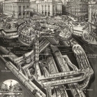Słowa pod przekrojową mapą Piccadilly Station, londyńskie metro 1928 r: