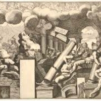 Giganci uderzeni ruinami świątyni.  Przez Giulio Romano ok. 1500s z „Upadku gigantów”.