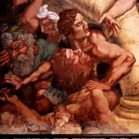Giganci uderzeni ruinami świątyni.  Przez Giulio Romano ok. 1500s z „Upadku gigantów”.