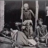 Mężczyzna strzeże swojej rodziny przed kanibalami podczas głodu w Madrasie w 1877 r. w czasach Brytyjskiego Raju w Indiach