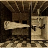 Ilustracja latarni magicznej w Ars Magna Lucis et Umbrae Athanasiusa Kirchera (1671 wydanie drugie).