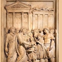 Cesarz Marek Aurelisz składający ofiarę bogom przed świątynią Jowisza.