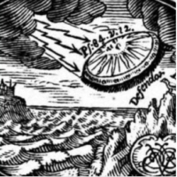 Książka, traktat o matematyce, pokazuje drzeworyt na okładce przedstawiający samolot w kształcie spodka wylatujący z burzowej chmury.