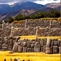 The megalithic stone walls of the citadel of Sacsayhuaman in Cusco, Peru.