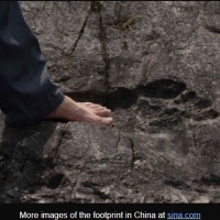 Odcisk stopy gigantycznego starożytnego człowieka skamieniały w skale znalezionej w Chinach