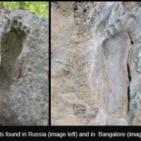 Odcisk stopy gigantycznego starożytnego człowieka skamieniały w skale znalezionej w Chinach