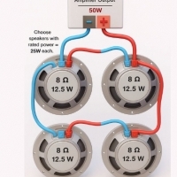 Ilustracja przedstawia równoległe połączenie czterech głośników ze wzmacniaczem